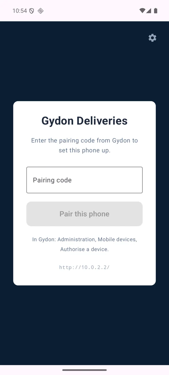 The driver app pairing screen, asking for a pairing code from Gydon to set the phone up.