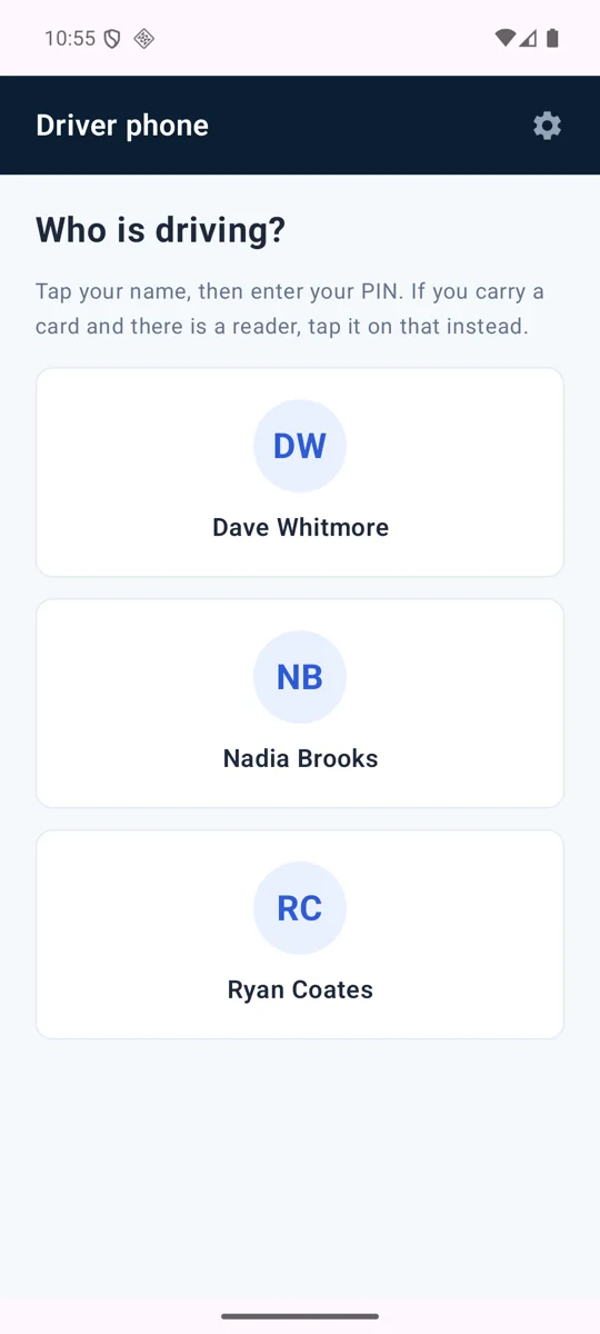 The Gydon driver app asking who is driving, with named drivers to choose from.