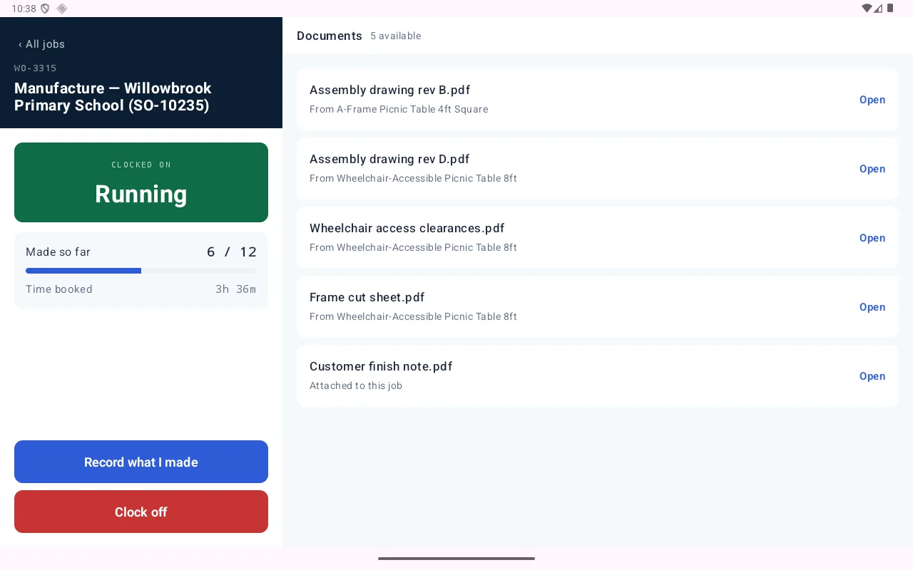 The shopfloor app clocked on to a job, showing a green Running panel, the quantity made so far, the time booked, and the documents attached to the job.