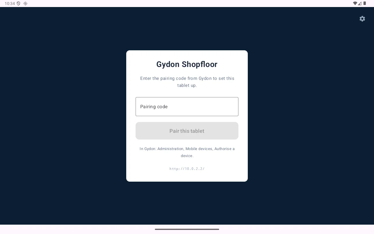 The shopfloor app pairing screen, asking for a pairing code from Gydon.