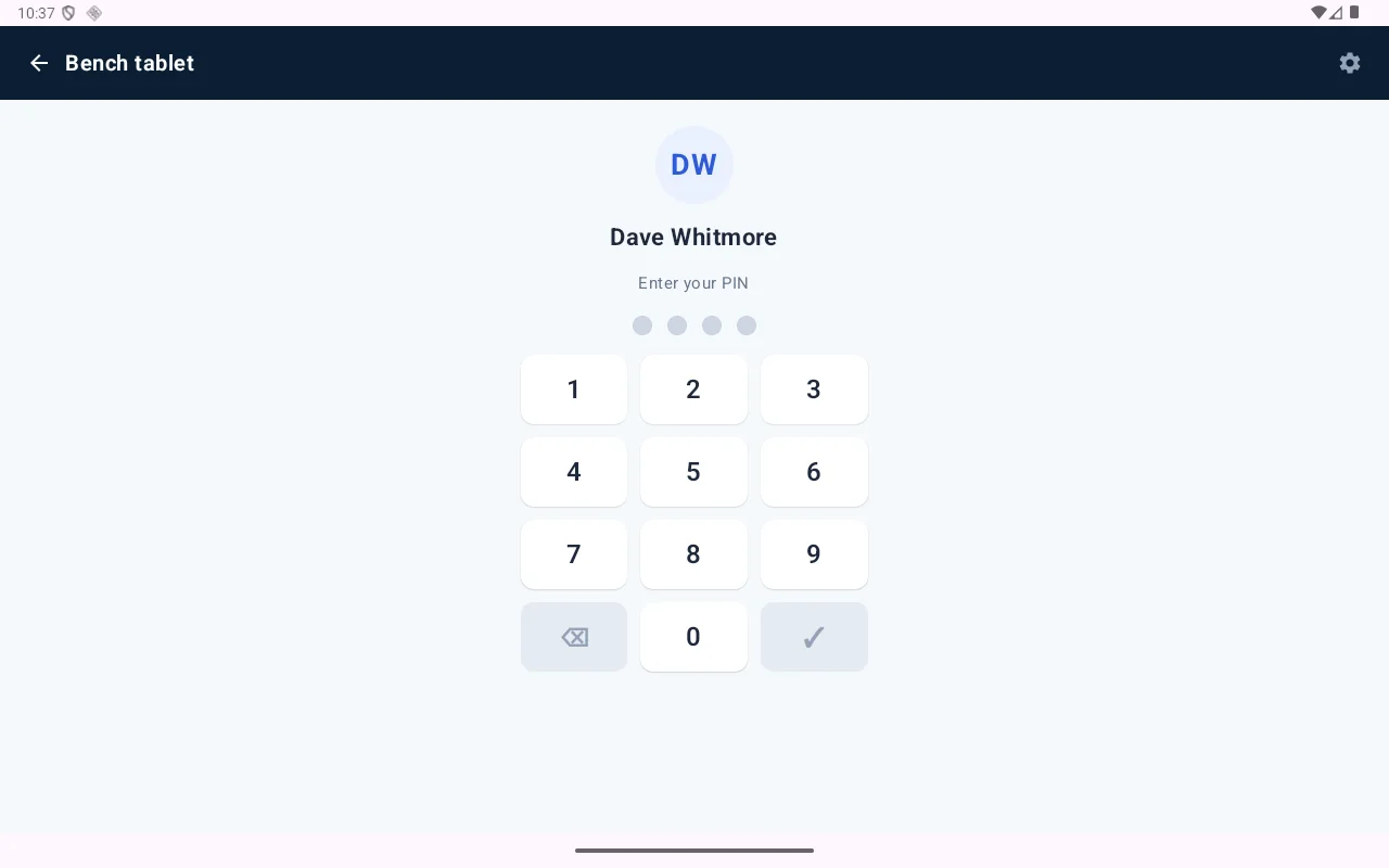 The shopfloor app PIN pad, with the selected operator's name and a four digit entry.