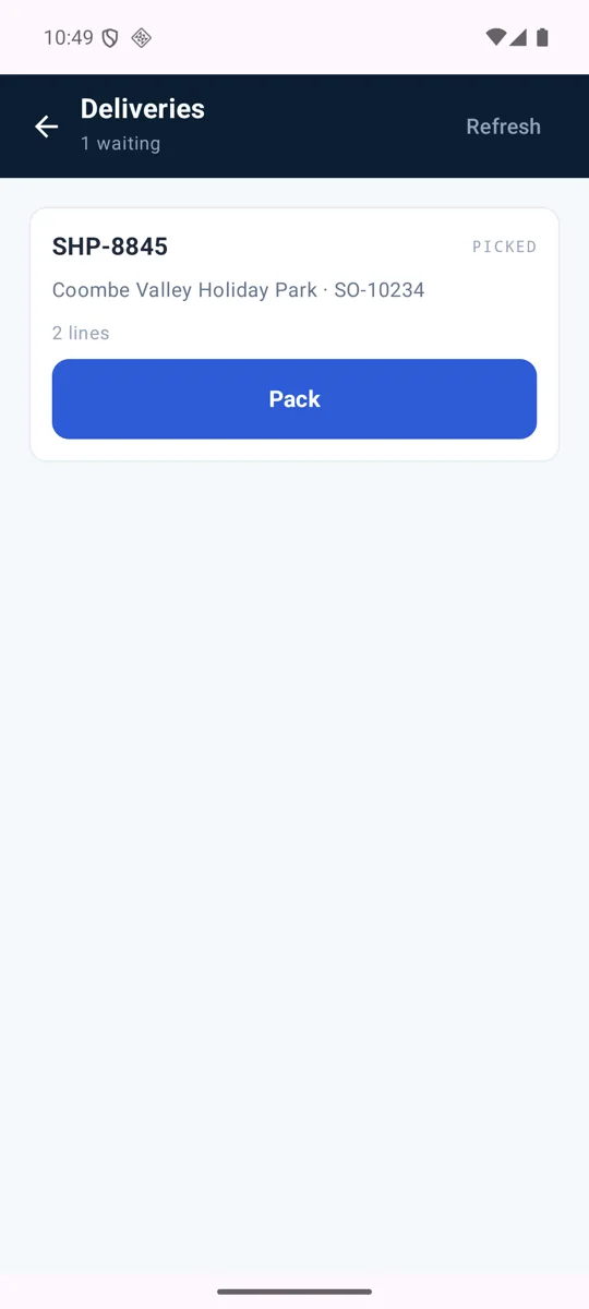 The warehouse app listing a shipment waiting to be packed.