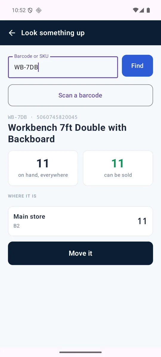 The Gydon warehouse app on a phone, showing a stock lookup for a workbench SKU with quantity on hand, quantity that can be sold, and the location it is stored in.