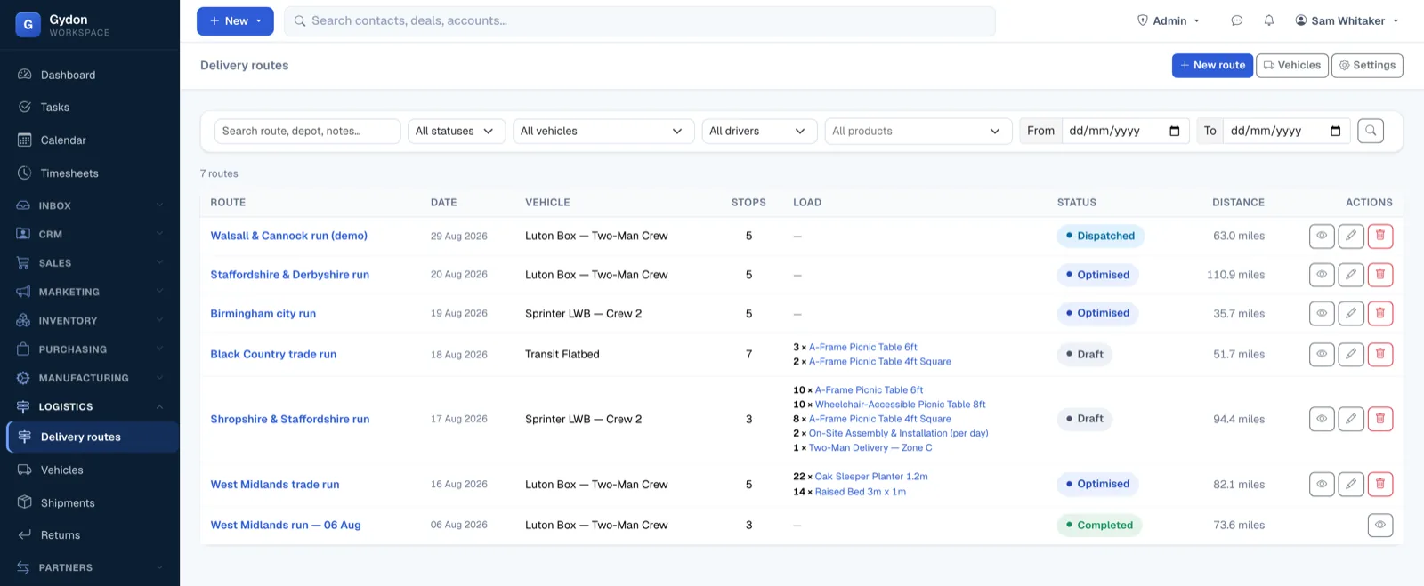 The delivery routes list in Gydon, showing planned rounds with their dates, vehicles, drivers and statuses.