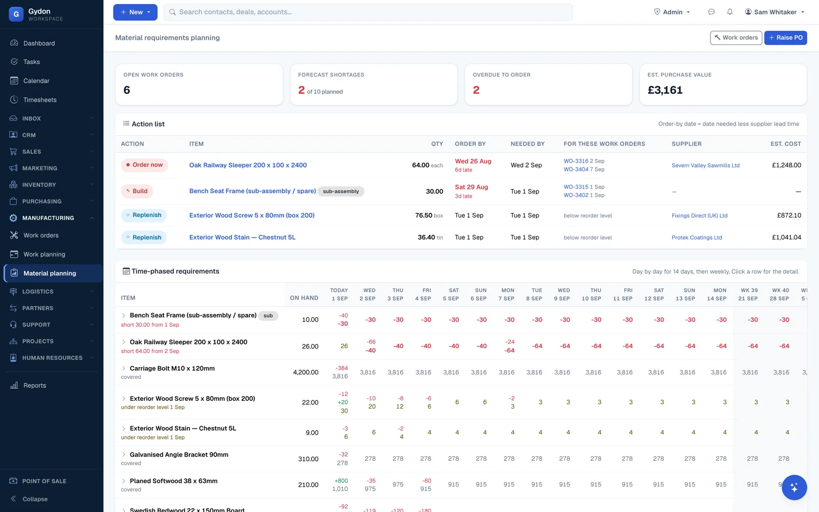 The material planning screen in Gydon, listing materials required by open jobs against what is in stock and what is already on order.