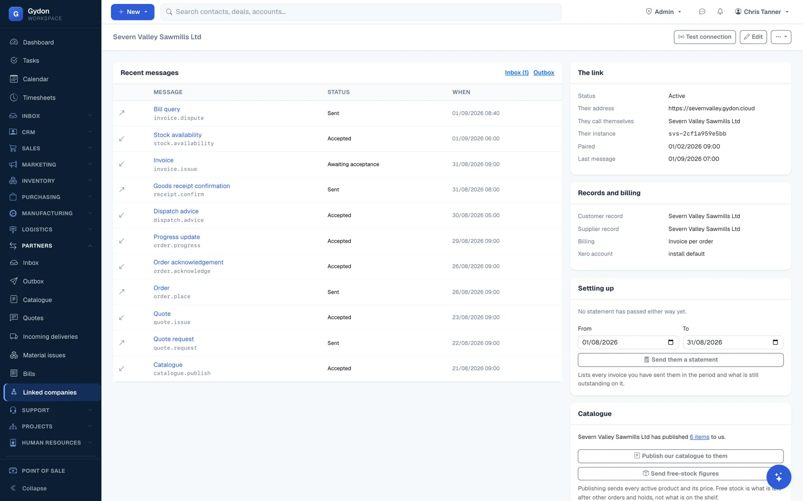 A trading partner record in Gydon showing every message that has passed between the two companies, with arrows for which way each one went: a bill query, a stock availability update, an invoice awaiting acceptance, a goods receipt confirmation, a dispatch advice, progress updates, an order acknowledgement, an order, a quote and a catalogue. Panels beside it show the link status, when the two were paired, the customer and supplier records it maps to, and a button to send a settlement statement.
