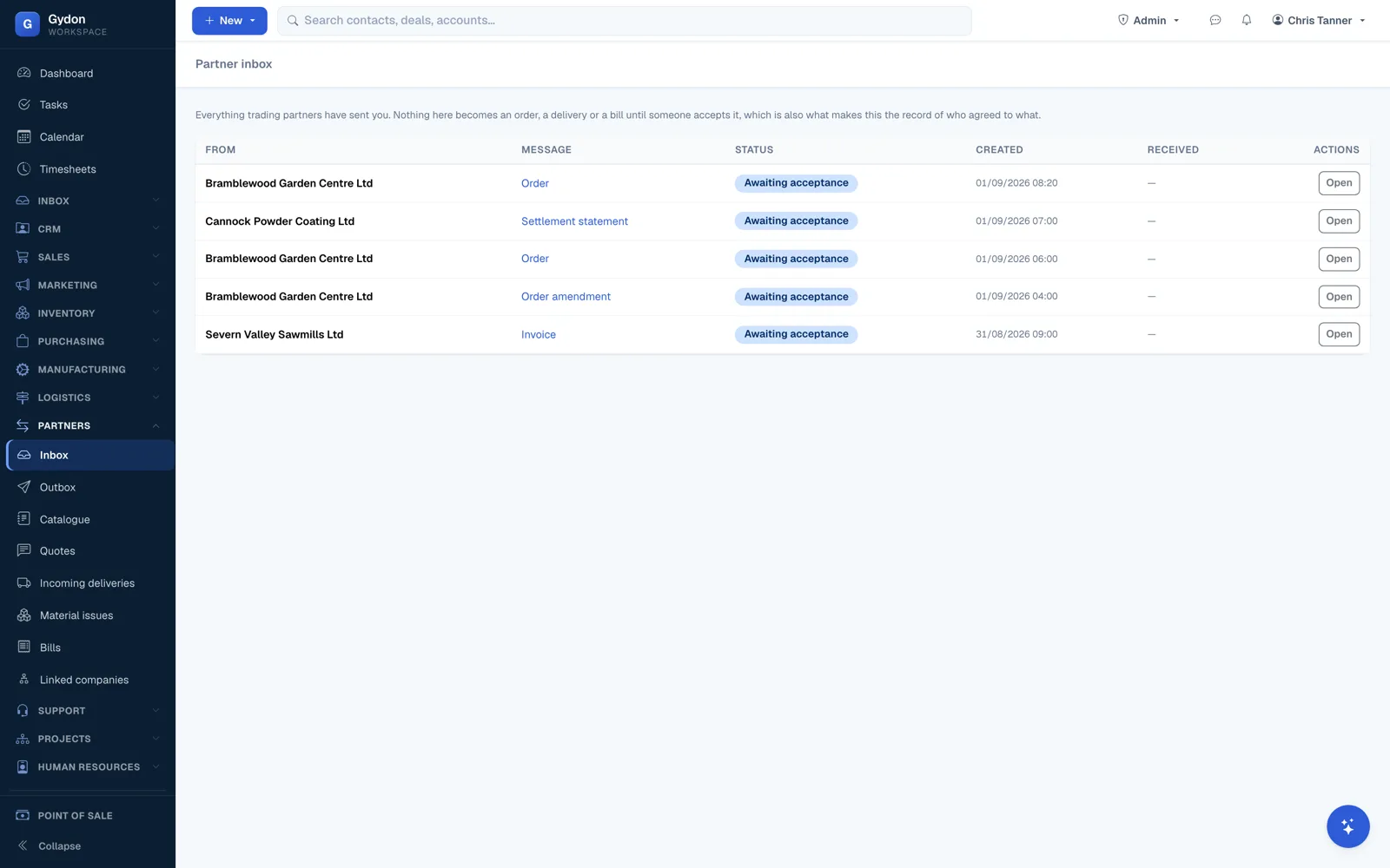 The partner inbox in Gydon: five messages from trading partners awaiting acceptance, showing the company each came from, whether it is an order, an order amendment, an invoice or a settlement statement, and when it arrived.