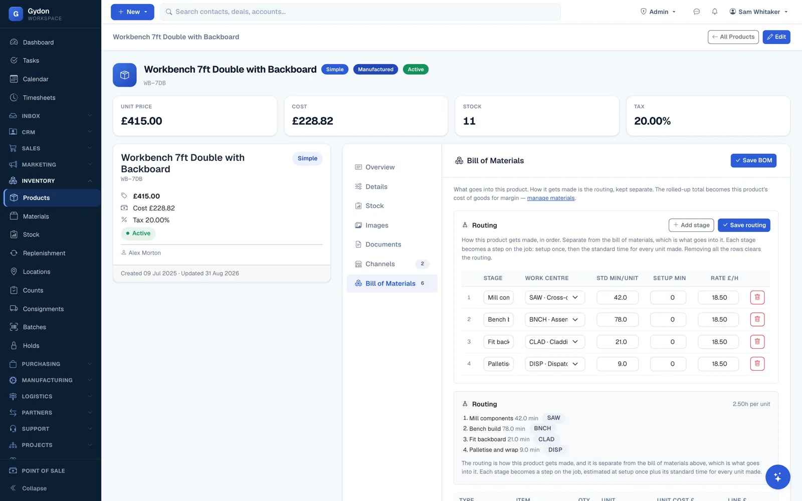 A product record in Gydon showing its routing: four numbered stages, each with a work centre, standard minutes per unit, setup minutes and an hourly rate, kept separate from the bill of materials below.