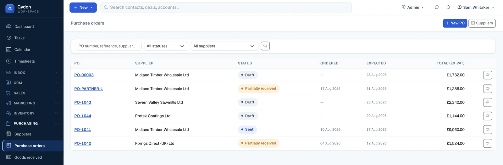 The purchase orders list in Gydon, showing orders to suppliers with their status and value.