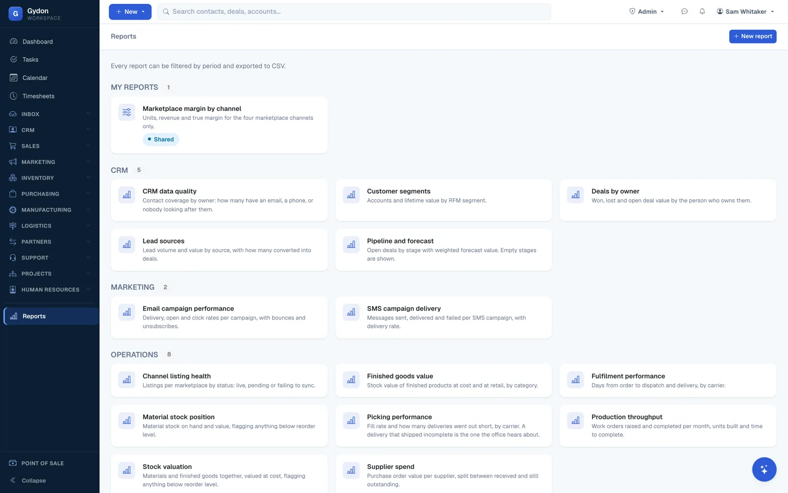 The reports screen in Gydon, listing saved reports across different areas of the business.