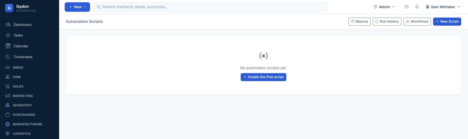 The automation scripts screen in Gydon, listing saved scripts.