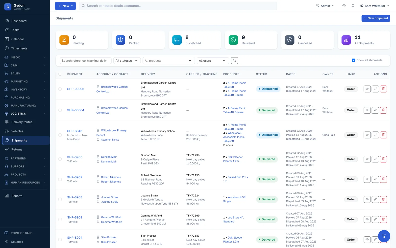 The shipments list in Gydon, showing dispatches with their customers, statuses and dates.