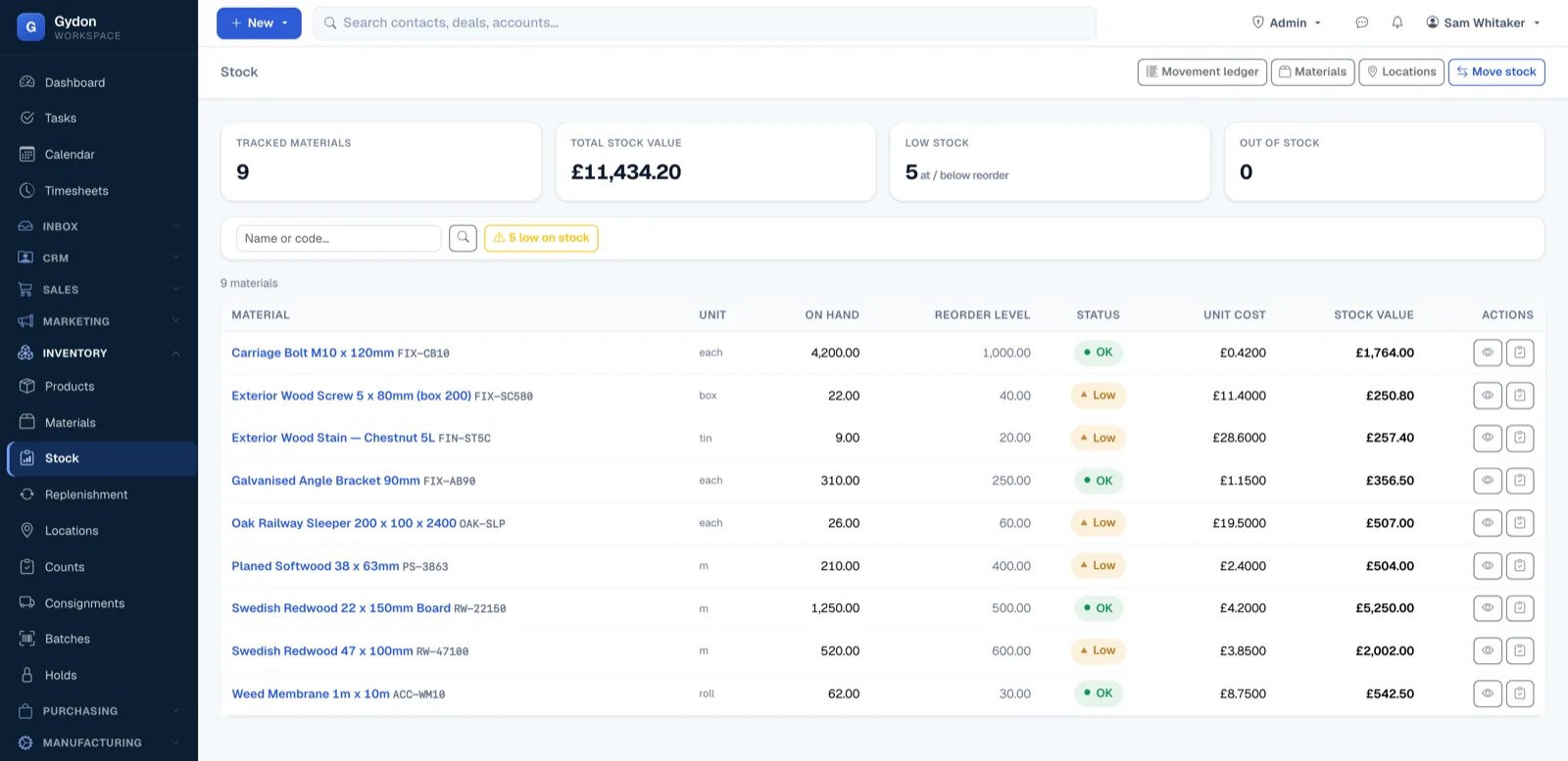 The stock screen in Gydon, listing items with quantities on hand and their locations.
