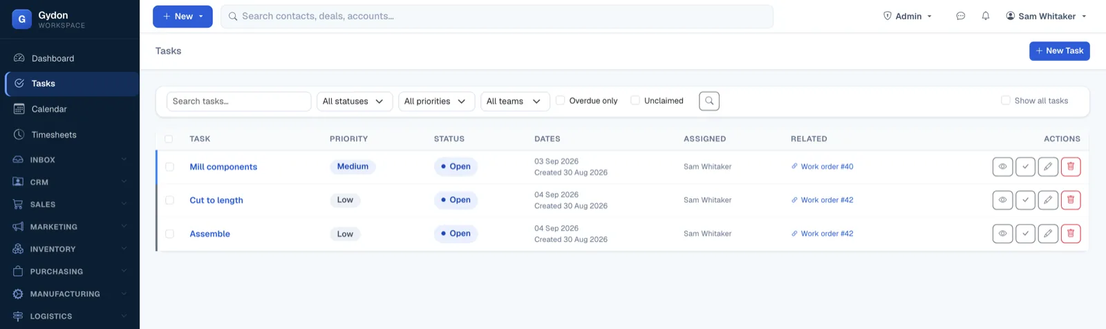The task list in Gydon, showing work across the business with owners, due dates and statuses.