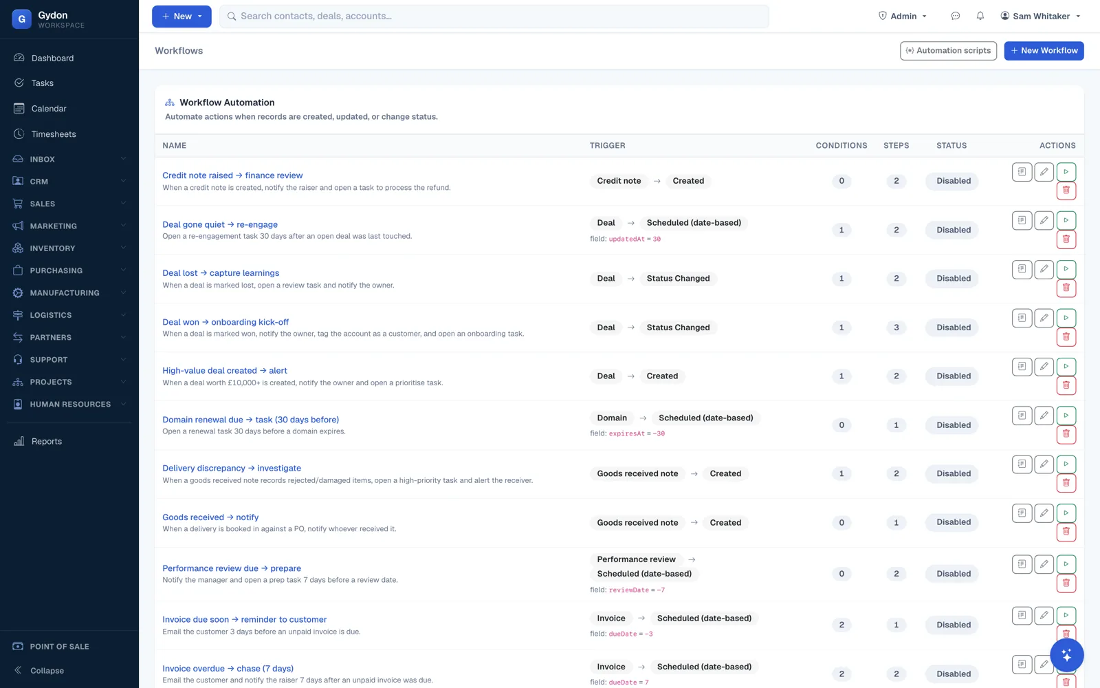 The workflow list in Gydon, showing automations with the record type they watch and the action they take.